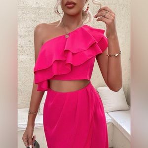 SOLD/SHEIN VCAY Guipure Lace Panel Shirred Back Crop Cami Top & Ruffle Hem Skirt